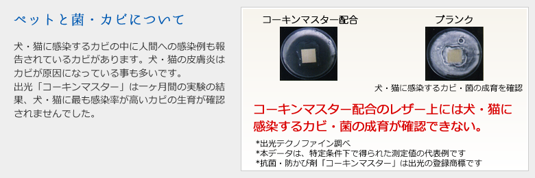 ～ペットと菌・カビについて～:犬・猫に感染するカビの中に人間への感染例も報告されているカビがあります。犬・猫の皮膚炎はカビが原因になっている事も多いです。出光「コーキンマスター」は一ヶ月間の実験の結果、犬・猫に最も感染率が高いカビの生育が確認されませんでした。